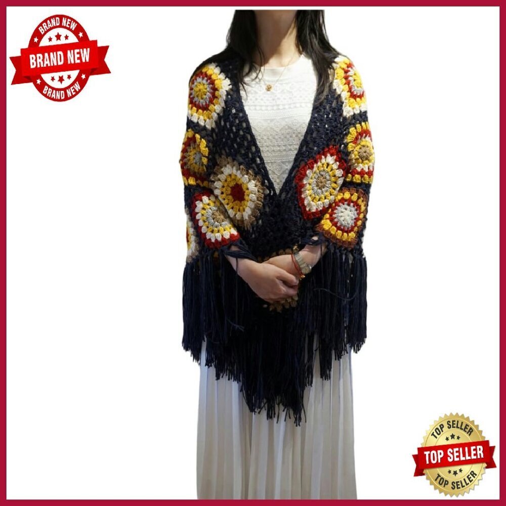 Handmade Crochet Poncho Shawl 70x34in Fringed Wrap Sweater